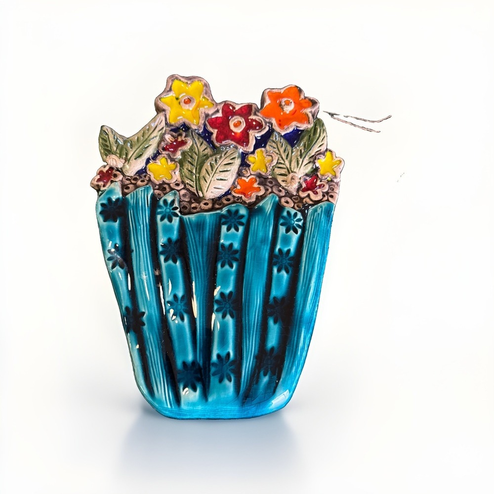 Sinem Seramik Ceramic Hand Made Glazed "Flower Basket" Turkish Wall Hanging 10.5